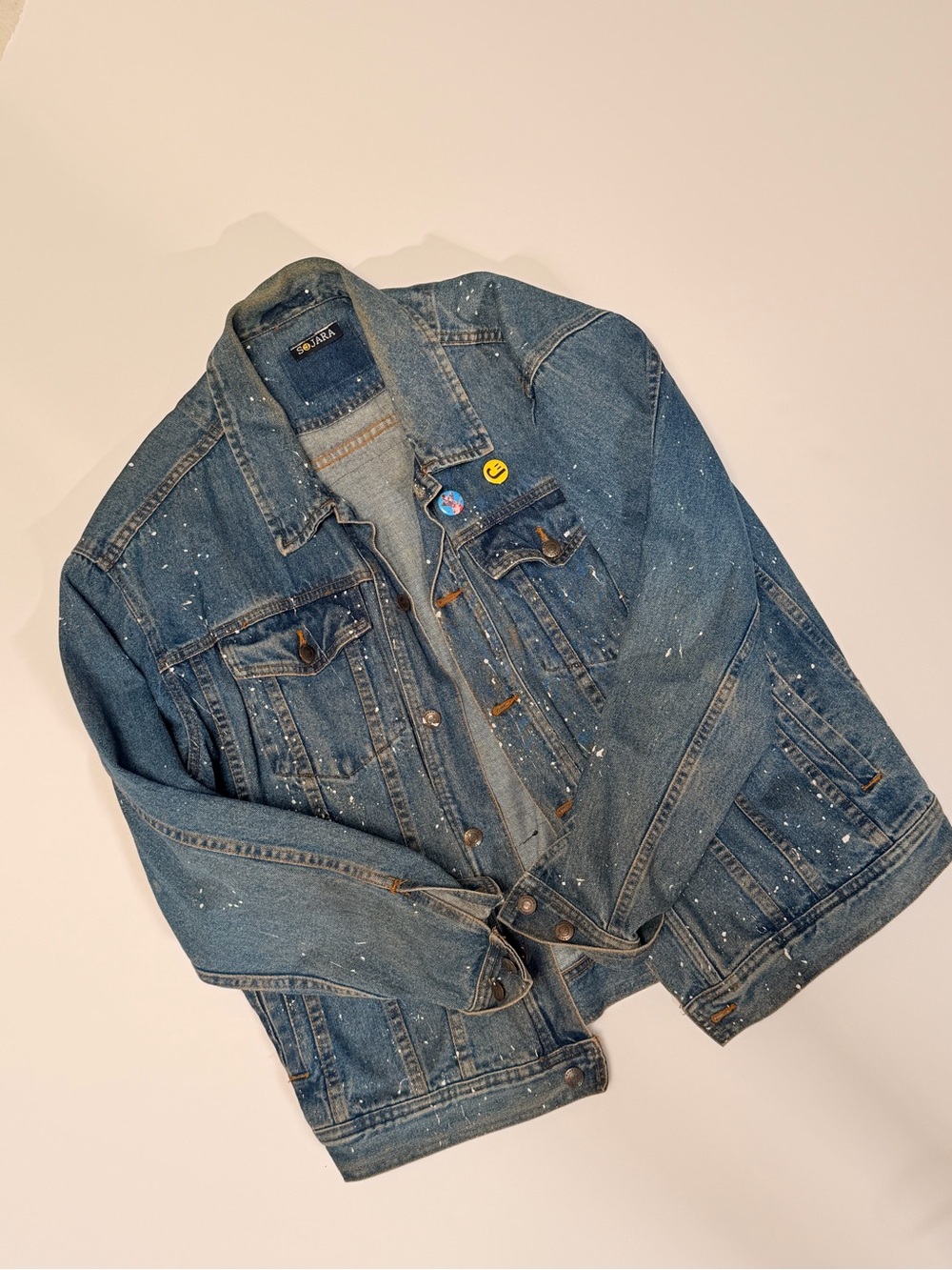 Men's Blue Denim Jacket with Paint-Splatter Detail